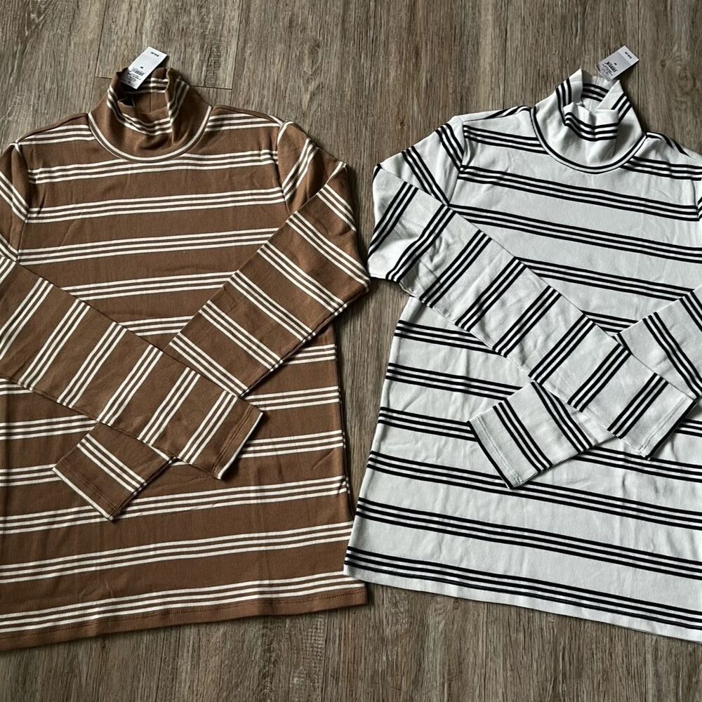Bundle Gap Cotton Turtleneck Shirt Long Sleeve Tan White Striped Top Large
